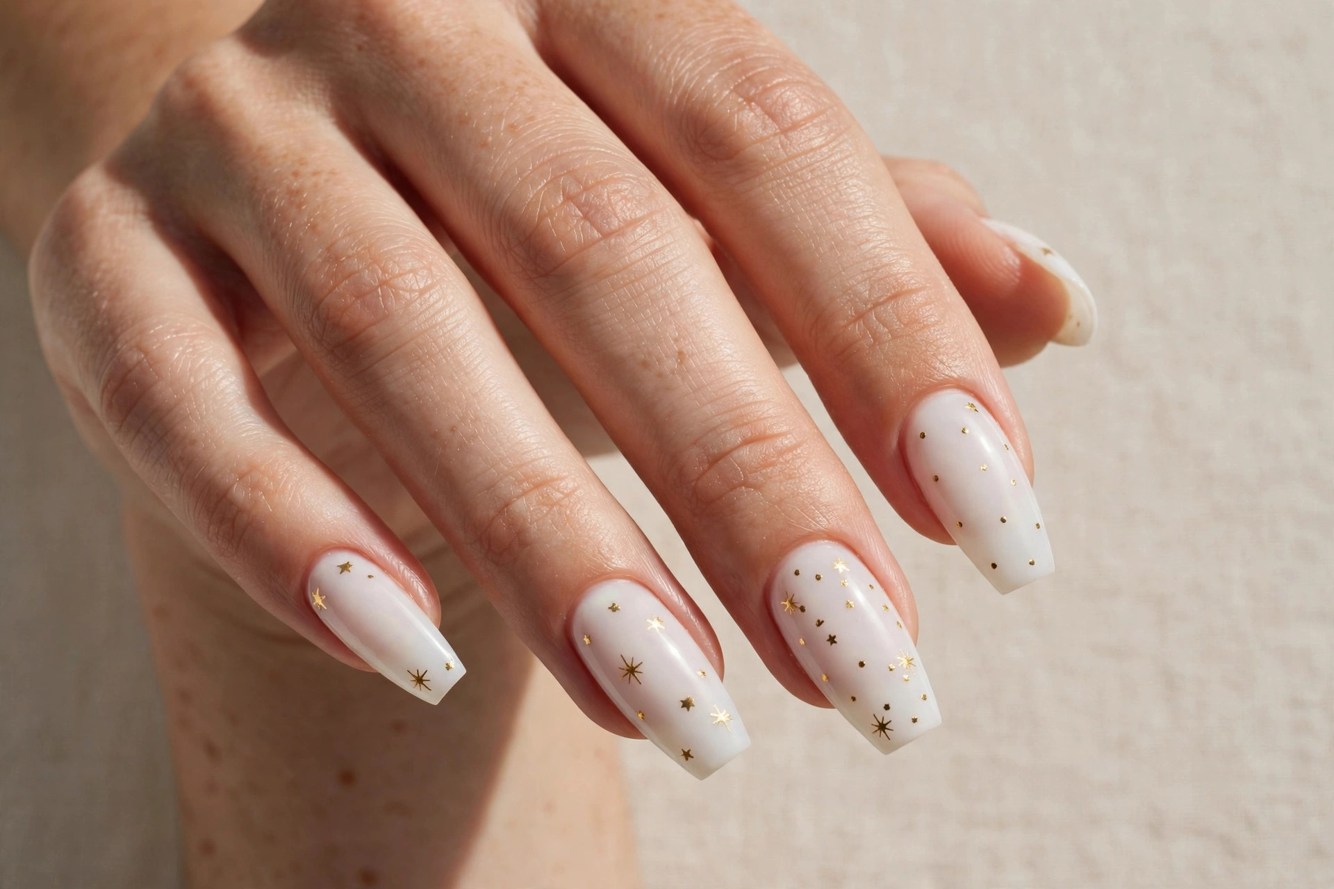 Milky white coffin nails with tiny gold star decals
