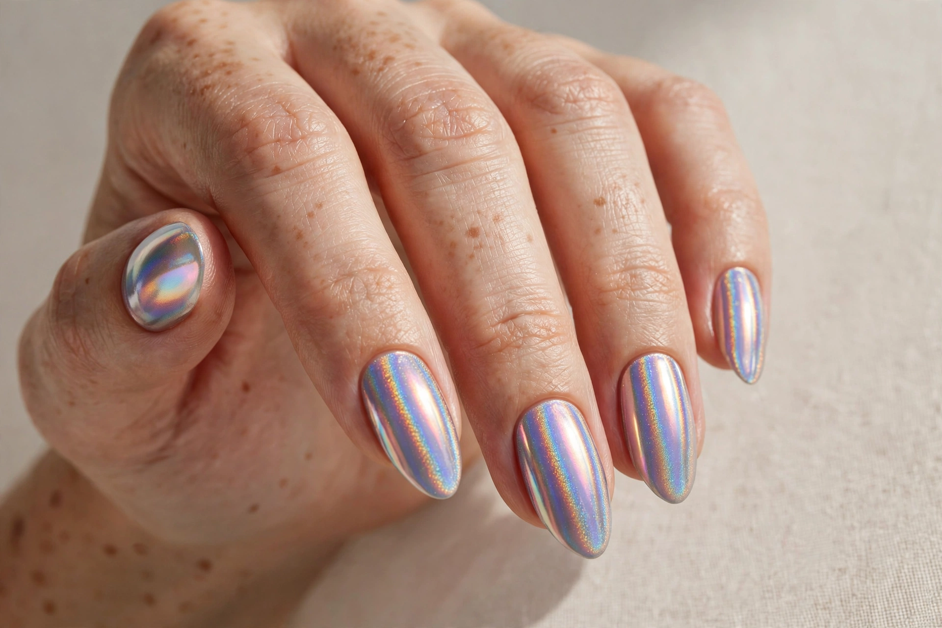 Holographic chrome cool nail design with rainbow shimmer
