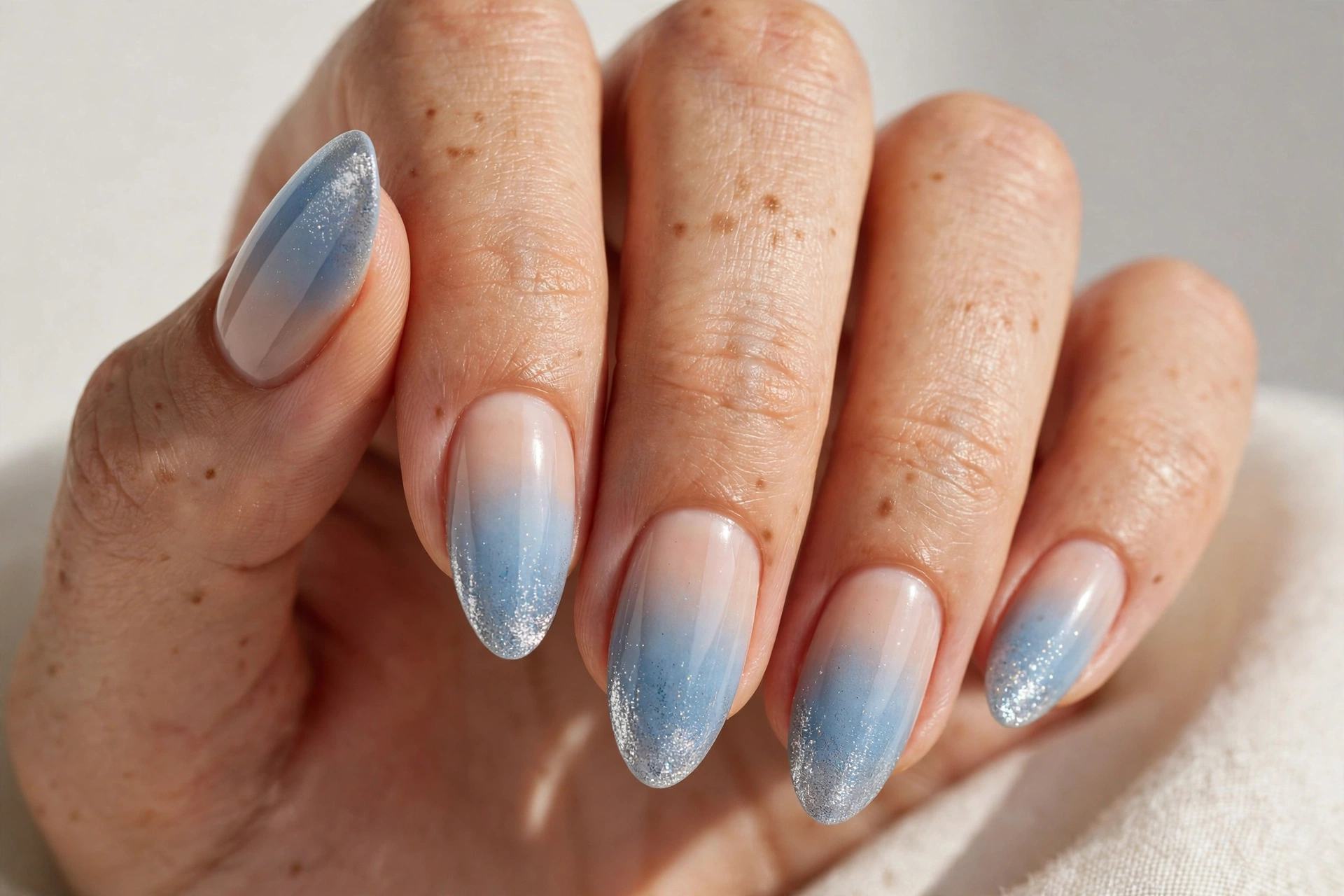 Icy blue ombre cool nail design with silver glitter tips