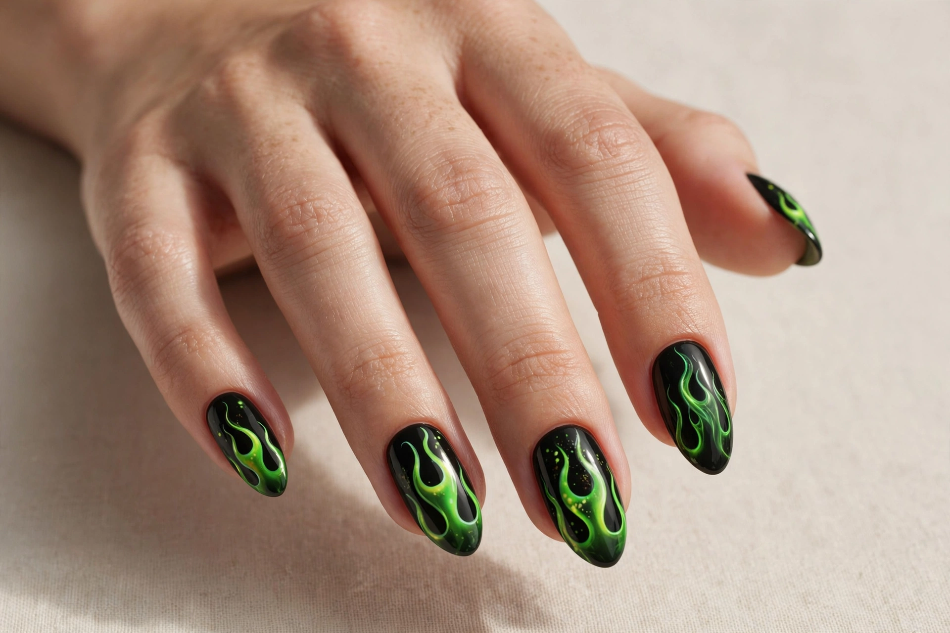 Neon green flame nail art on black base cool nail design