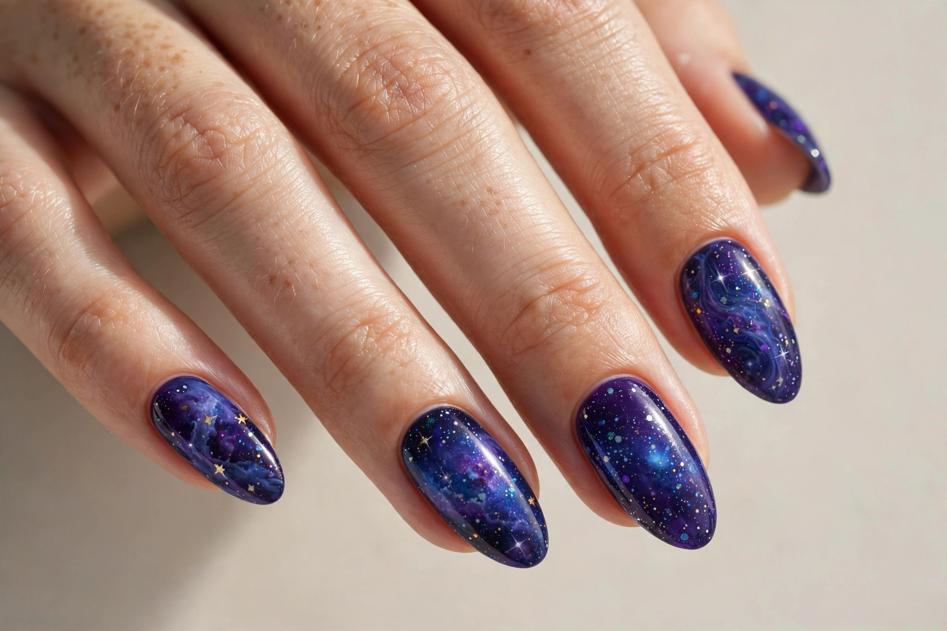 Galaxy space nail art in deep purple and blue with stars