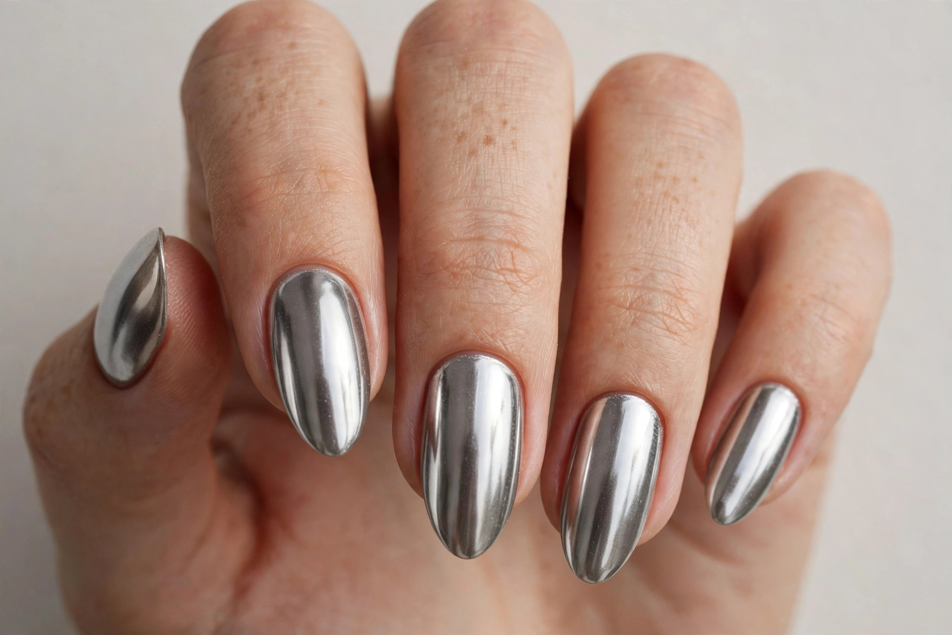 Liquid metal silver chrome cool nail design