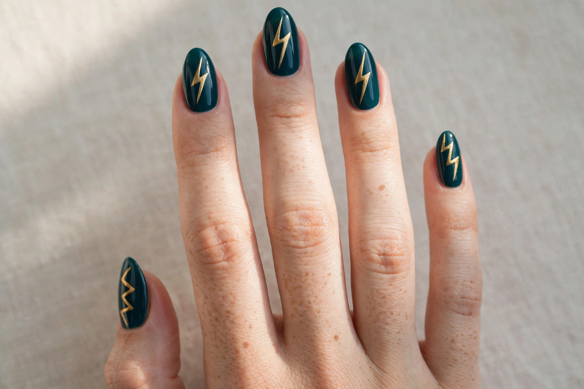 Lightning bolt nail art on dark teal base