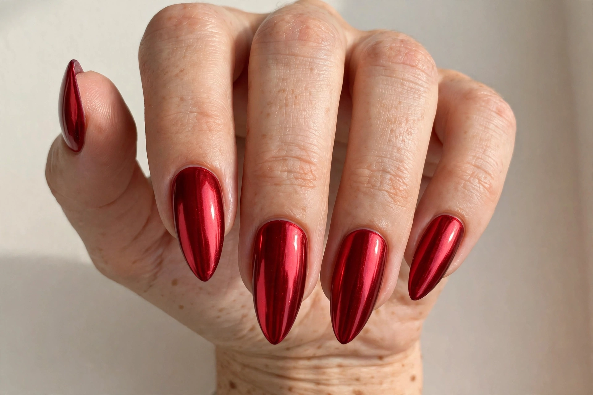 Red chrome stiletto cool nail design
