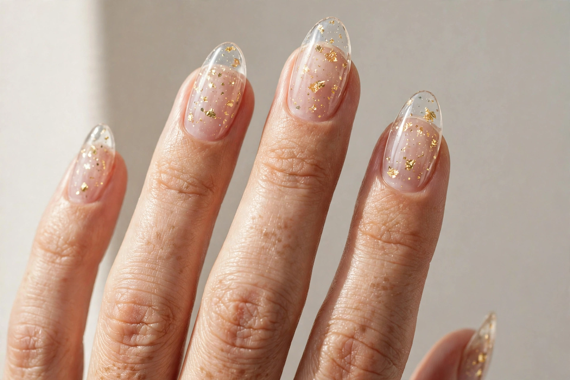 Clear jelly nails with floating gold glitter cool nail design
