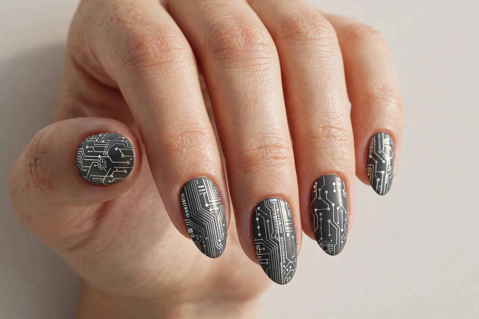 Silver circuit line nail art on dark gray base