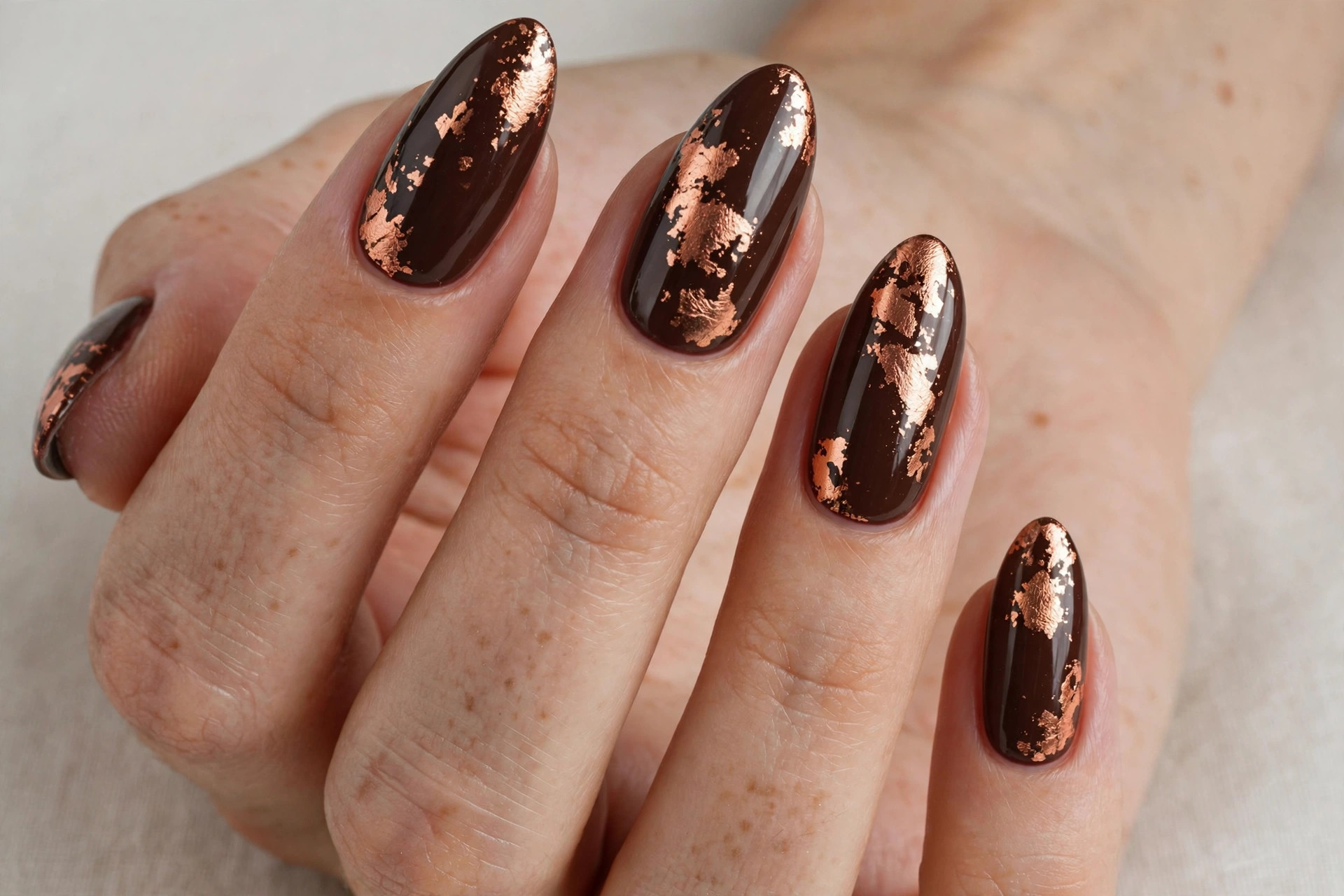Chocolate brown manicure with copper foil fall nail art