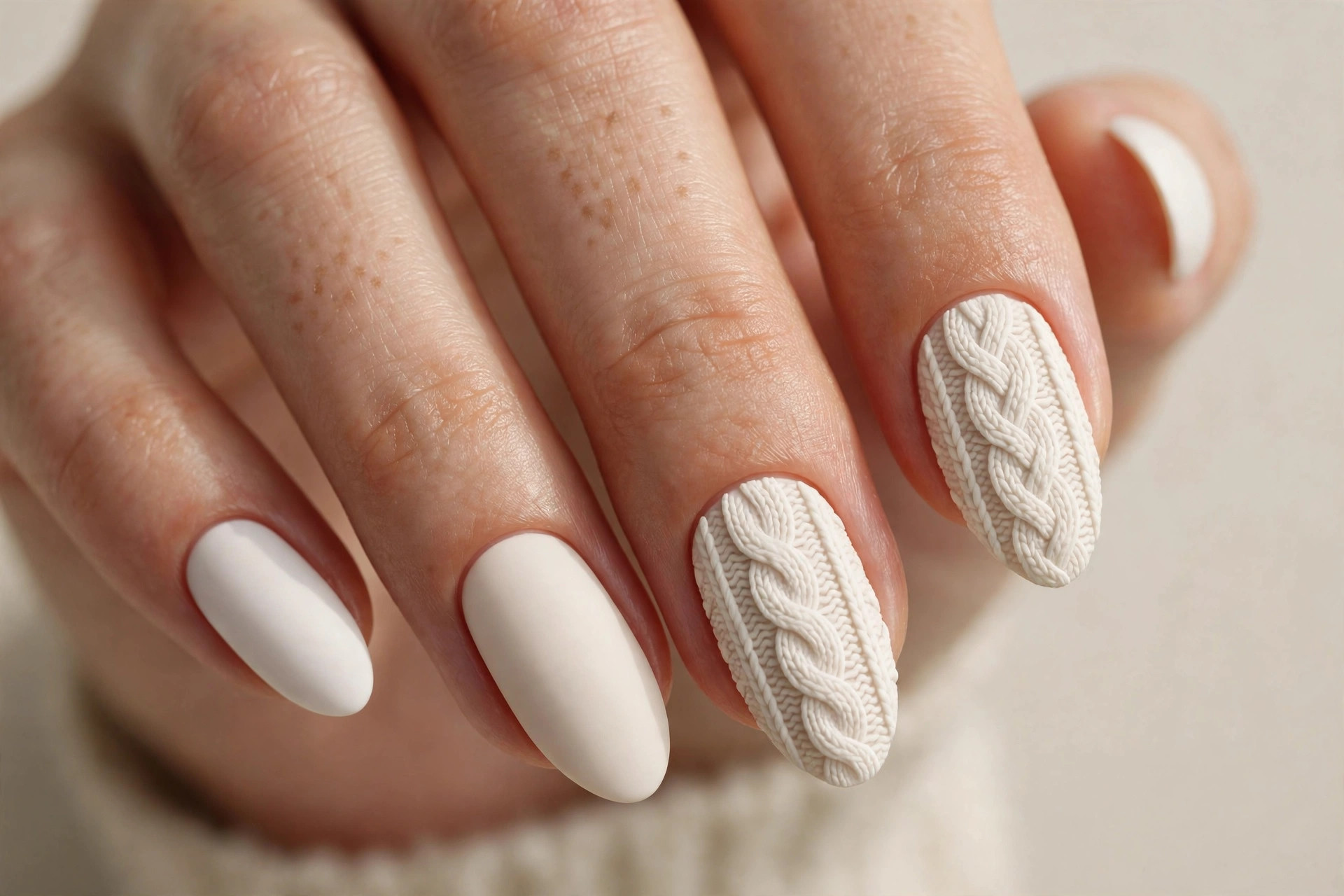 Cream nails with cable-knit sweater texture nail art on accent nails