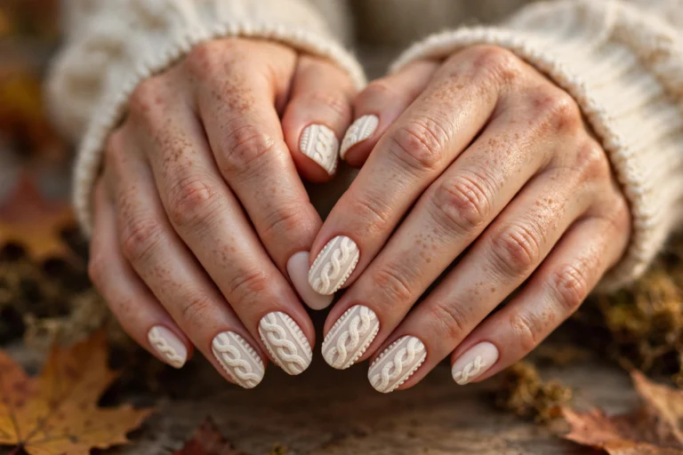 Cream cable knit sweater nails in soft cream