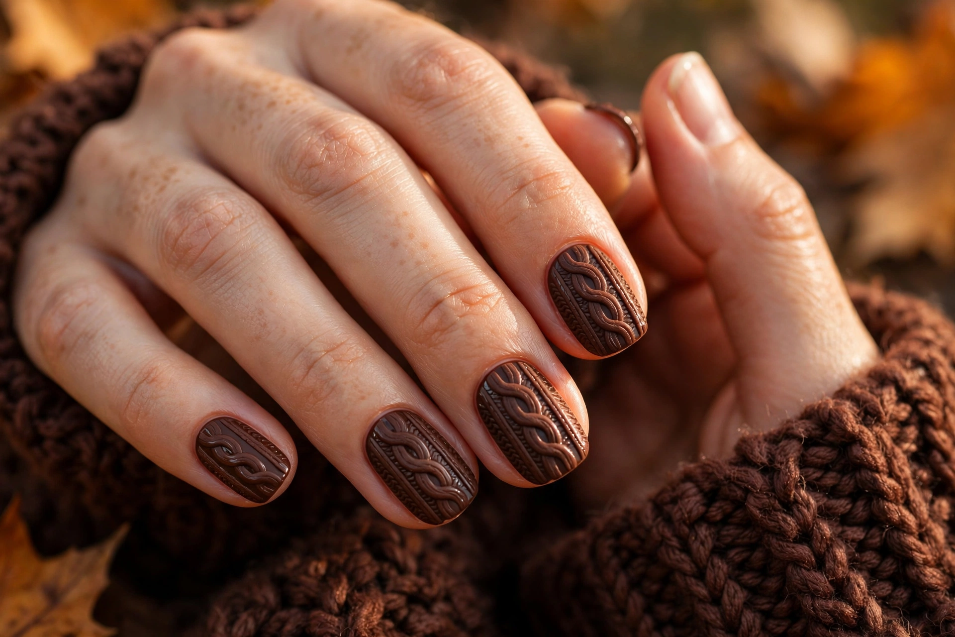 Chocolate brown chunky knit sweater nails