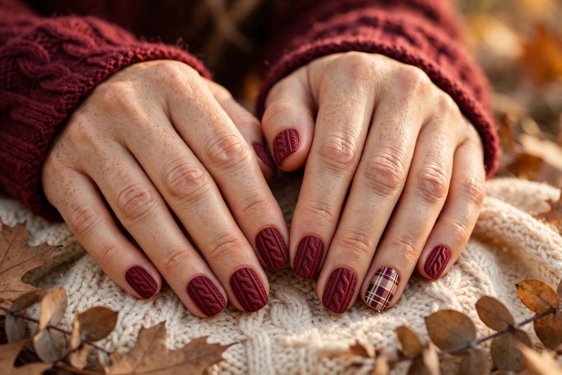 Burgundy sweater nails with plaid accent nail