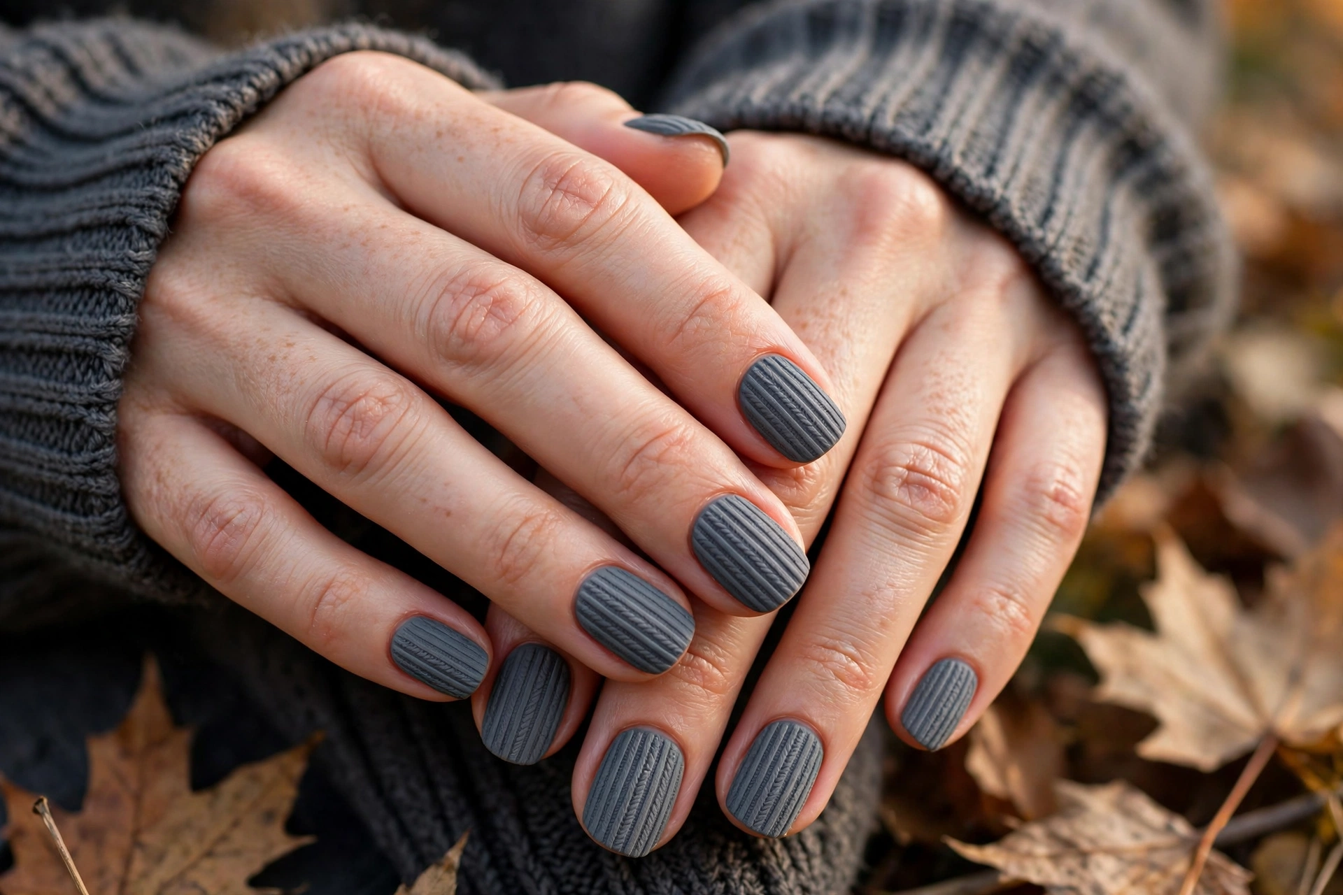 Charcoal grey ribbed knit sweater nails