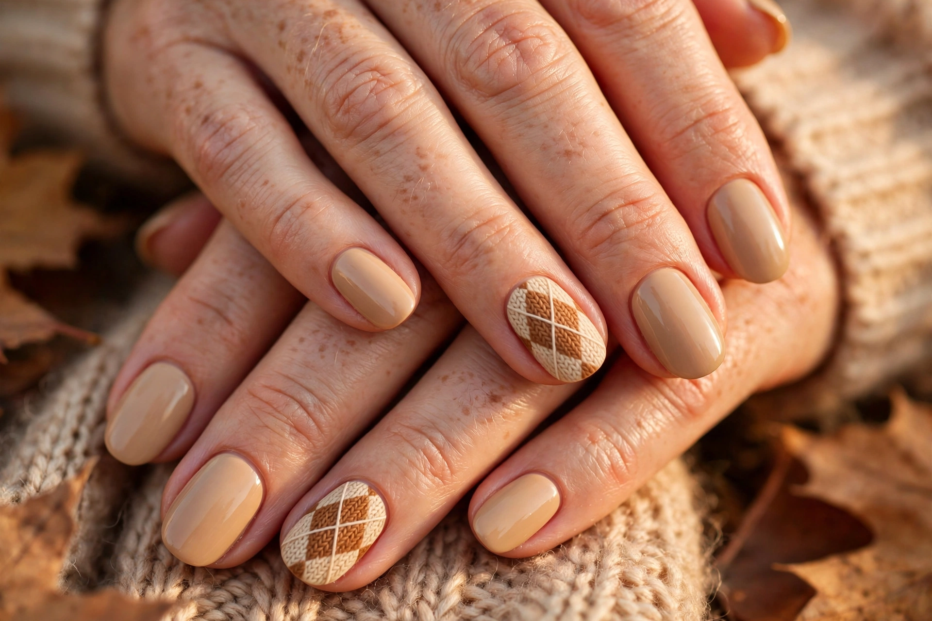 Caramel and cream argyle sweater nails