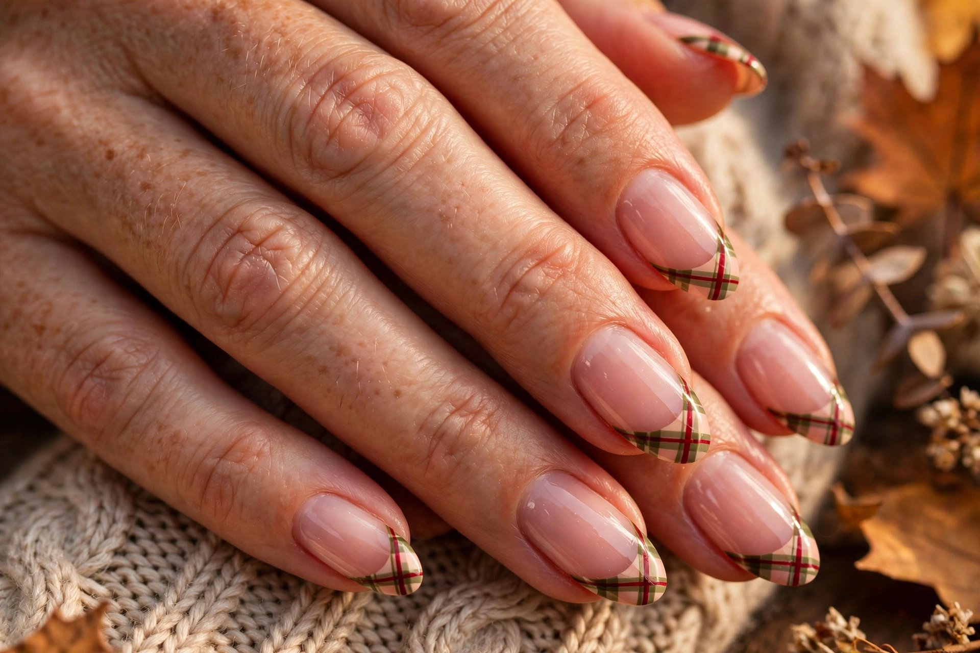 Cranberry plaid French tip nails