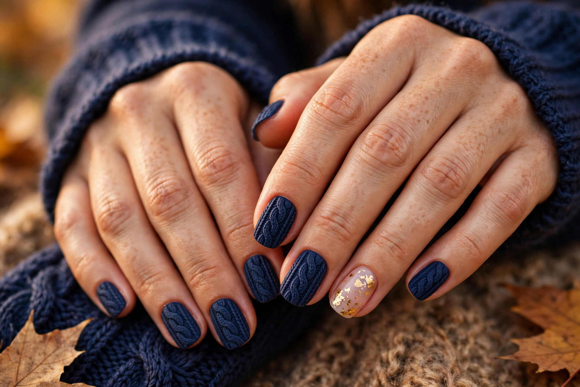 Navy knit sweater nails with gold foil accent