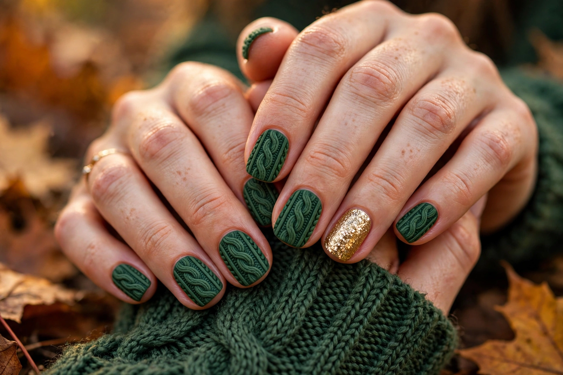 Forest green cable knit nails with gold glitter accent