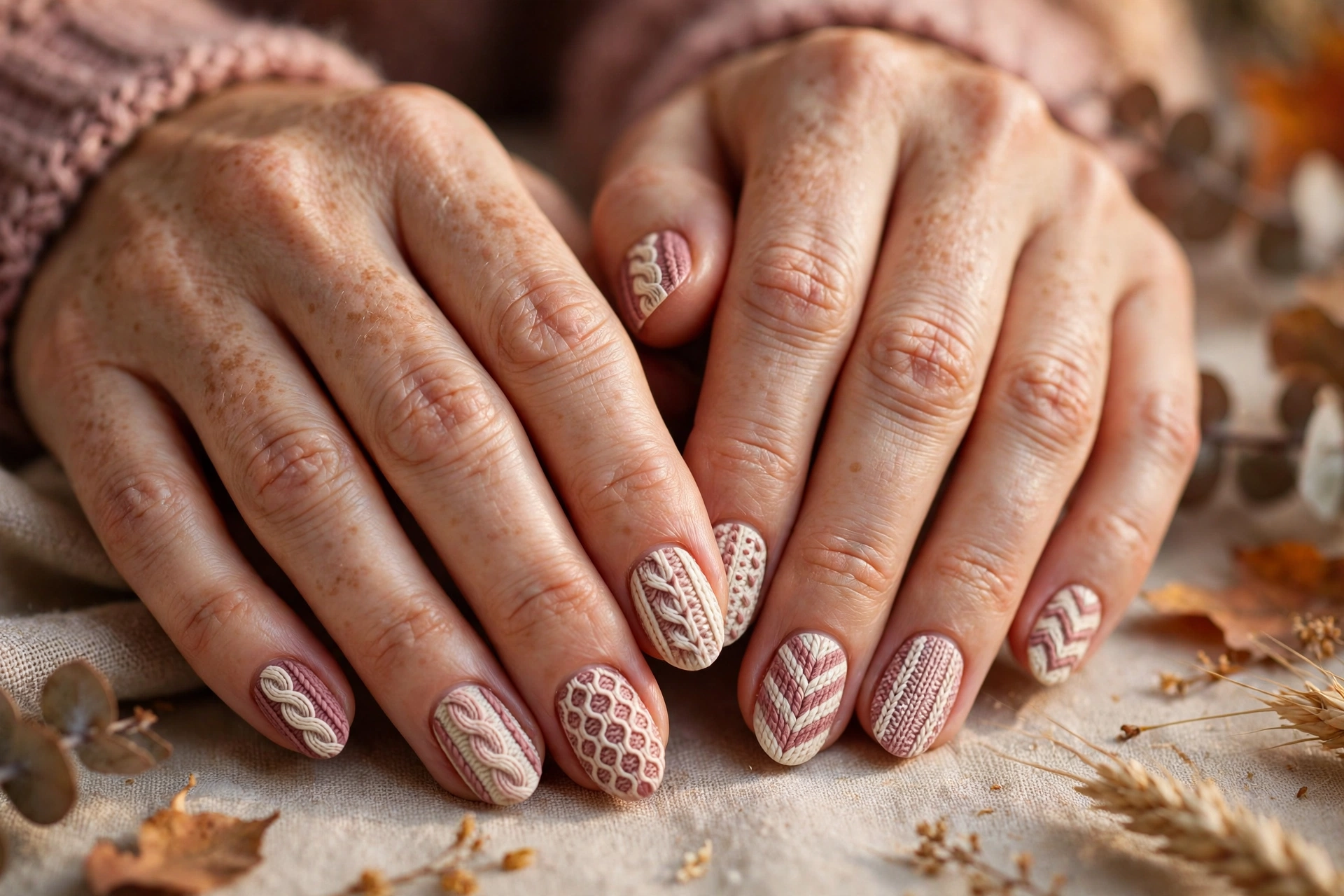 Dusty rose and cream mix-and-match knit nails