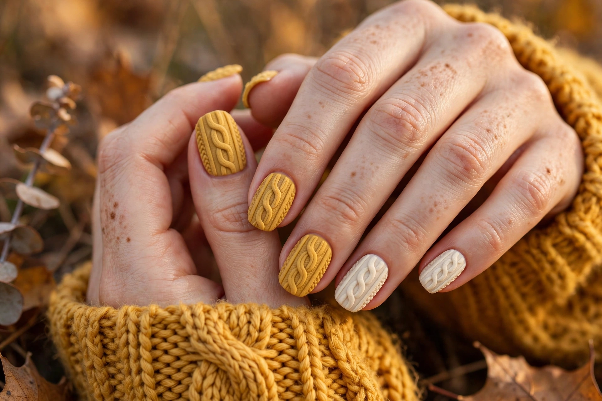 Mustard yellow chunky knit sweater nails