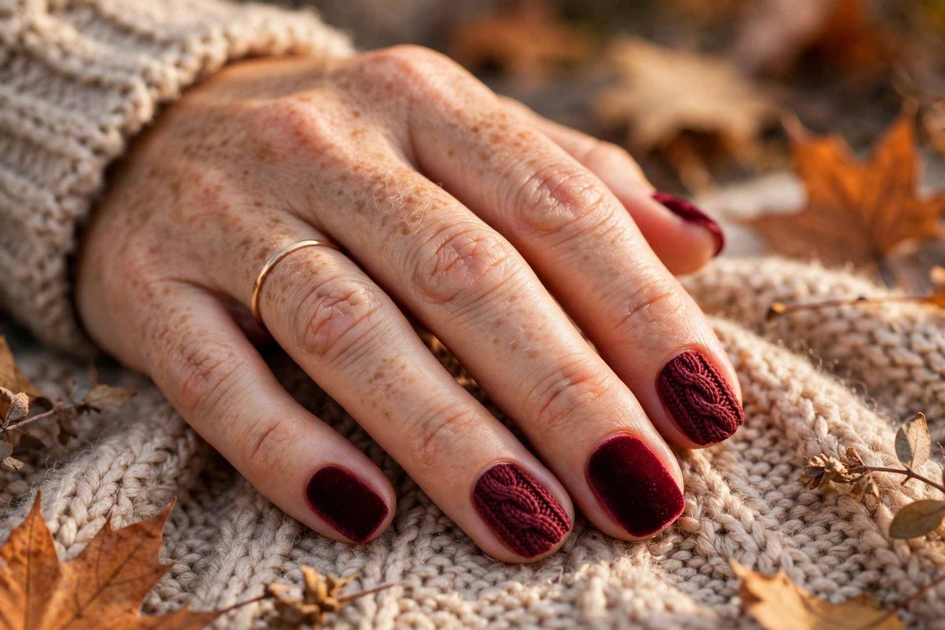 Burgundy velvet and knit combo nails