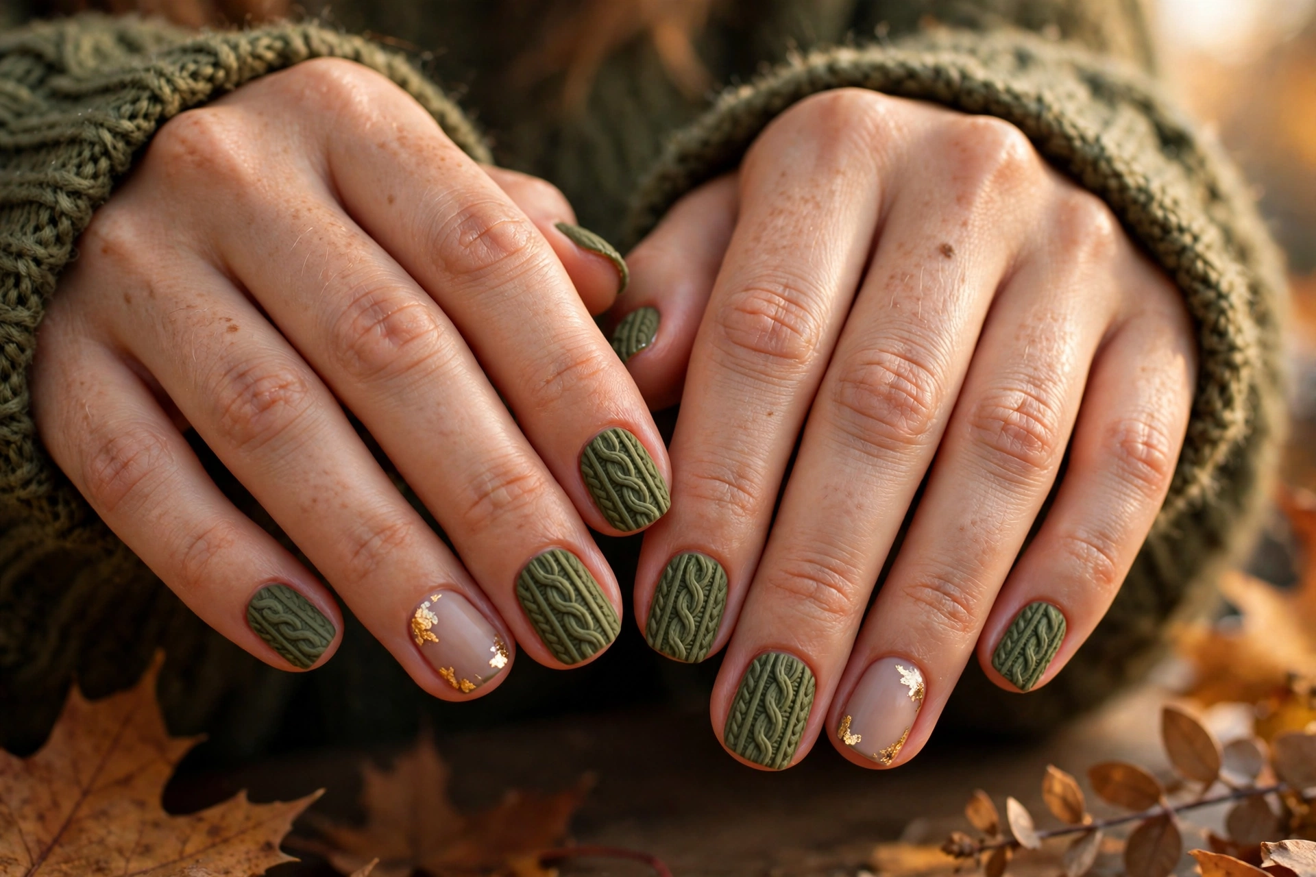 Olive green knit nails with gold leaf accent