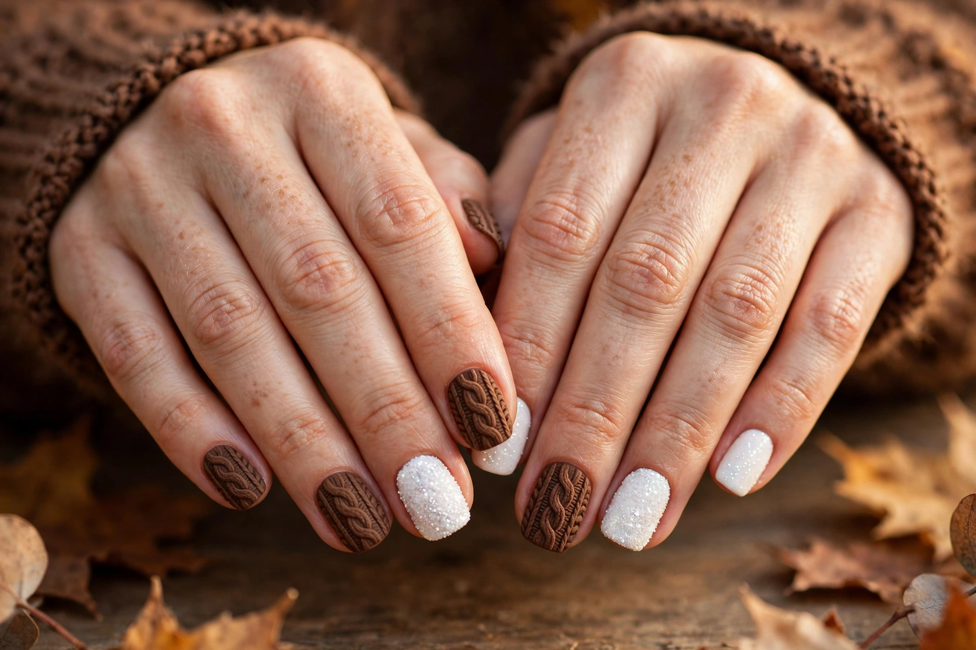 Hot cocoa brown knit nails with marshmallow white accent nails