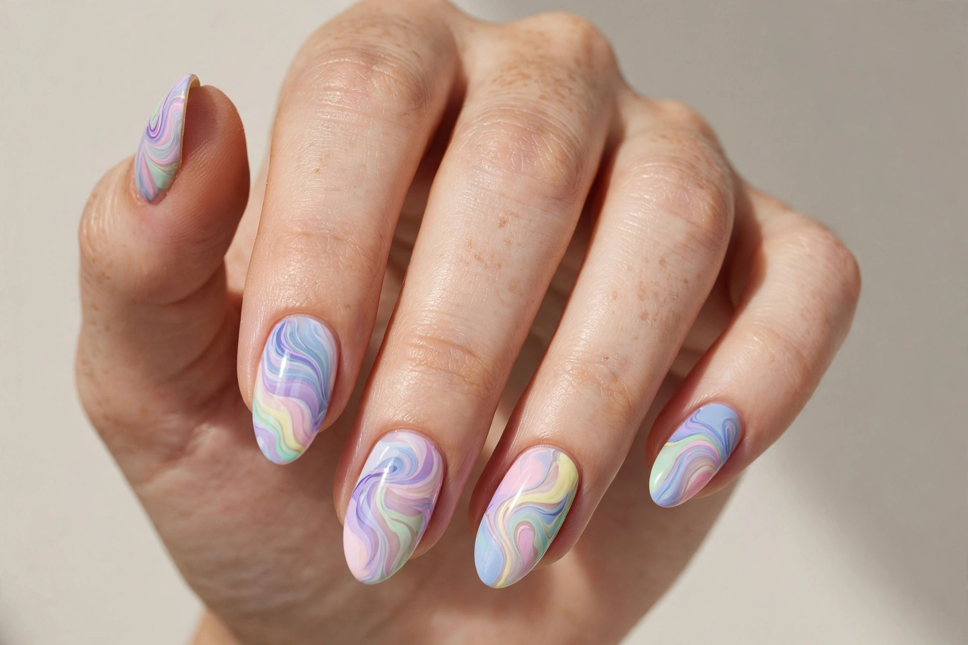 Pastel abstract swirl nail art in soft pink, blue and lilac