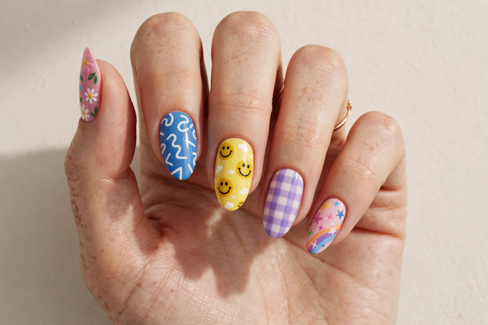 Mismatched nail art with a different fun design on every nail