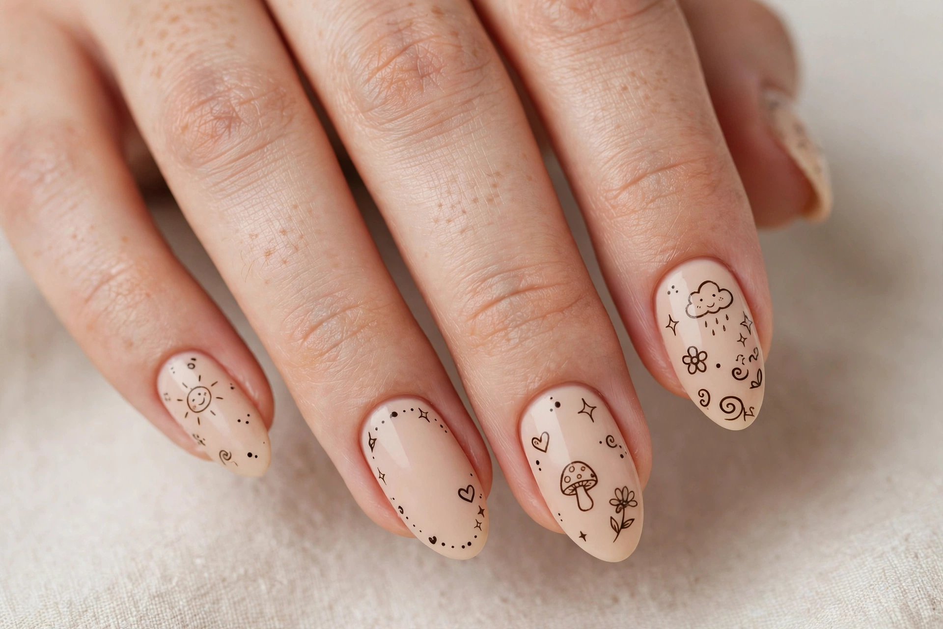 Cute hand-drawn doodle nail art on a nude base