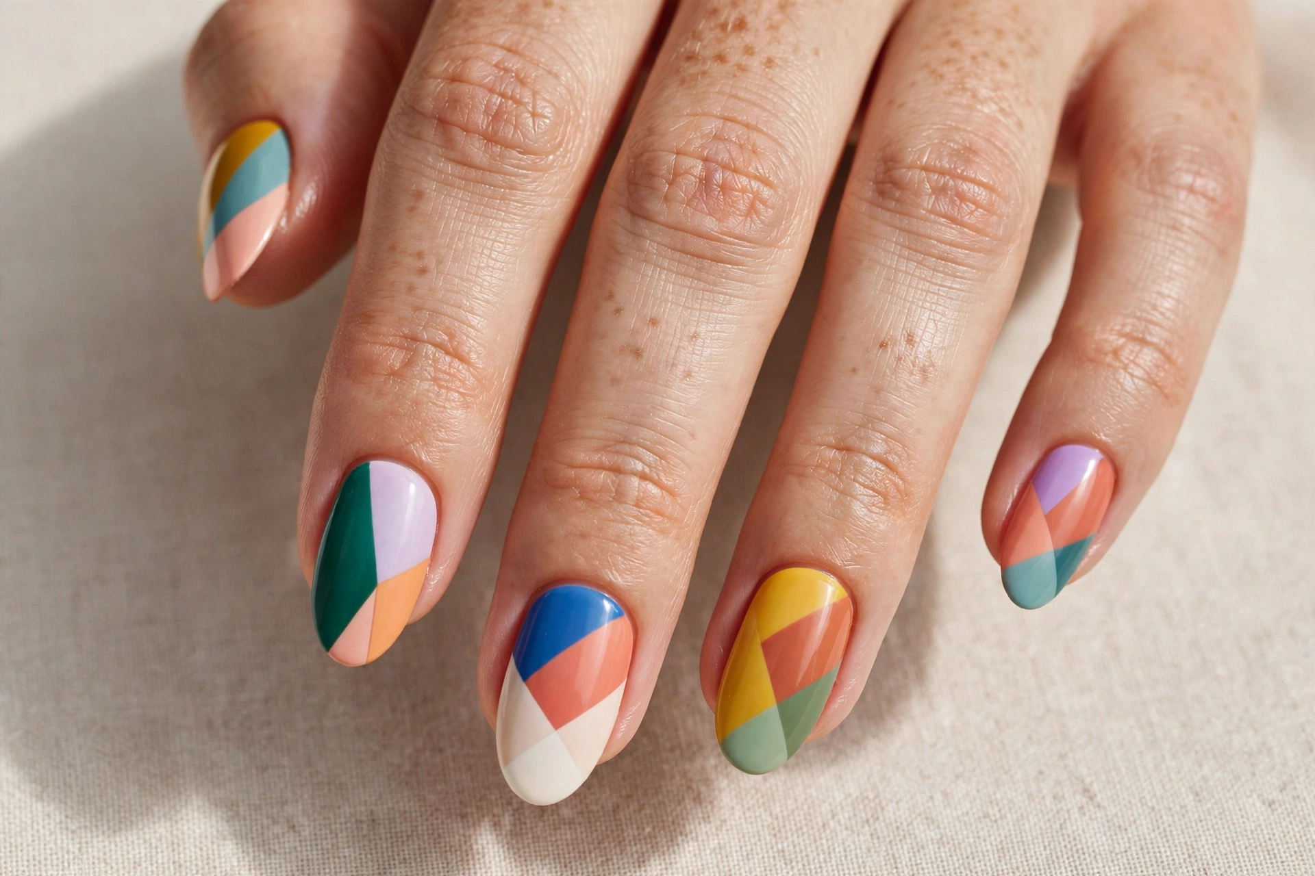 Bold geometric color-block nail art