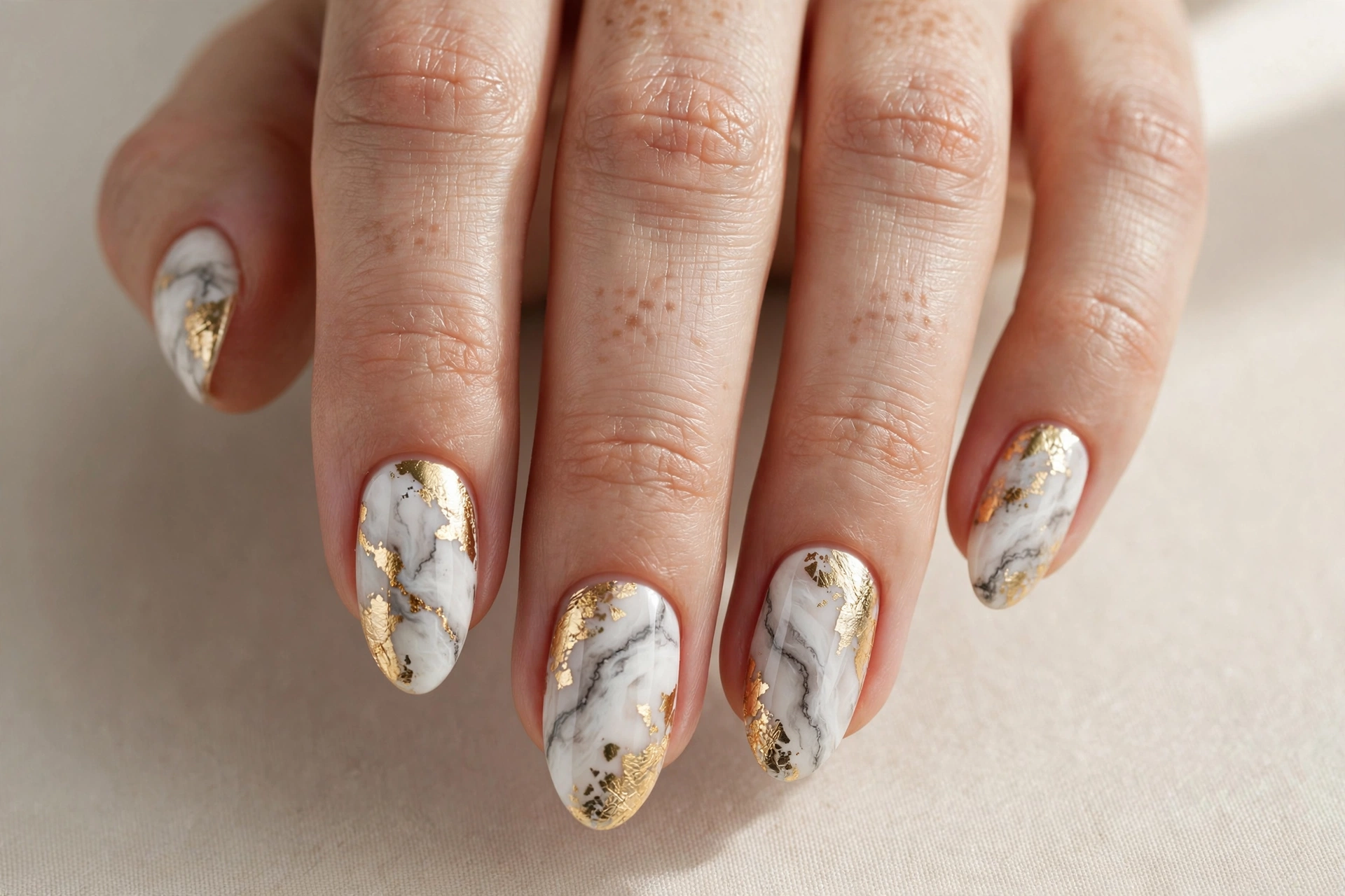 White marble nail art with gold foil accents