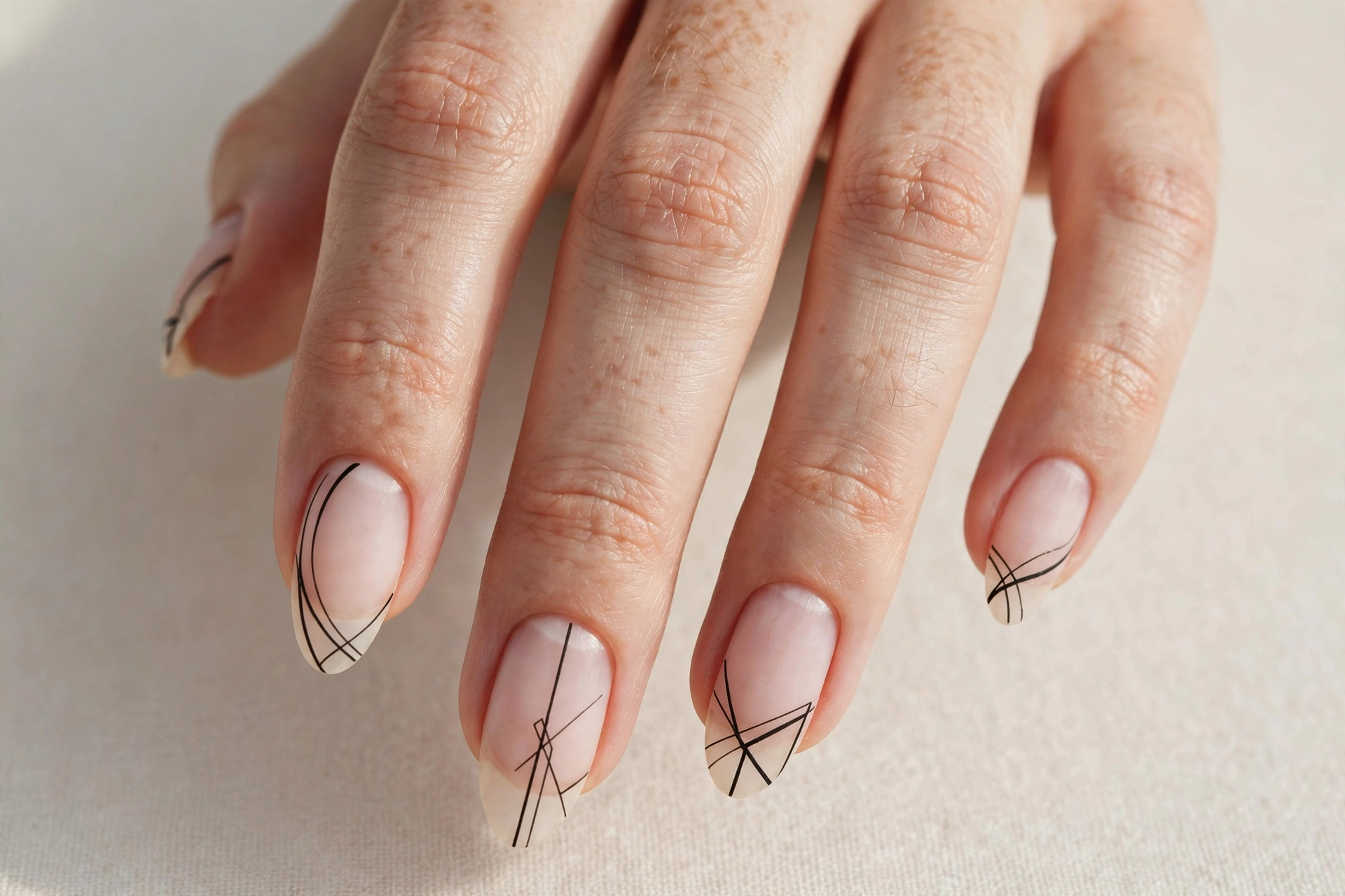 Negative space nail art with black line designs on bare nails