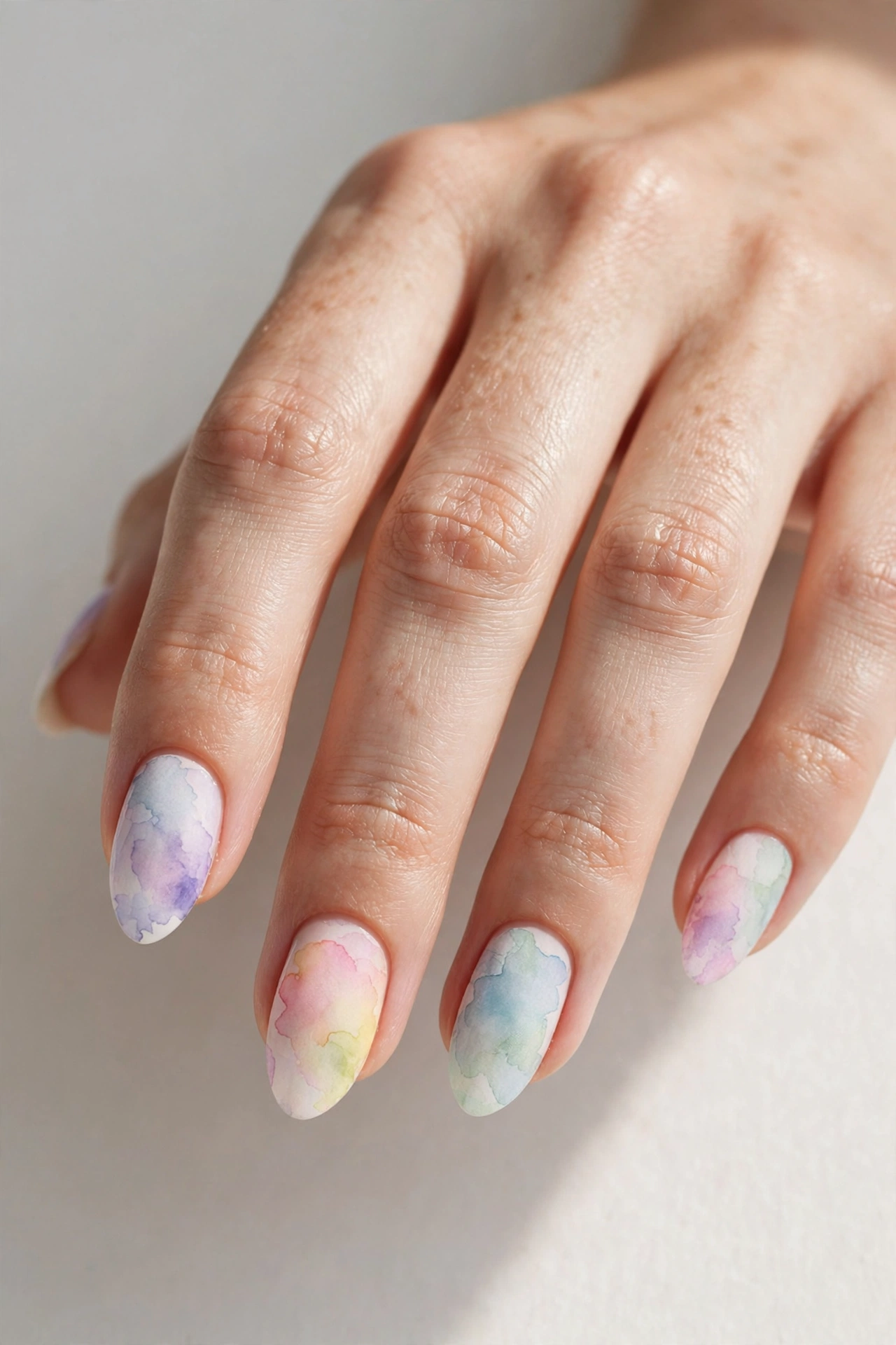 Soft watercolor nail art with blended pastel washes