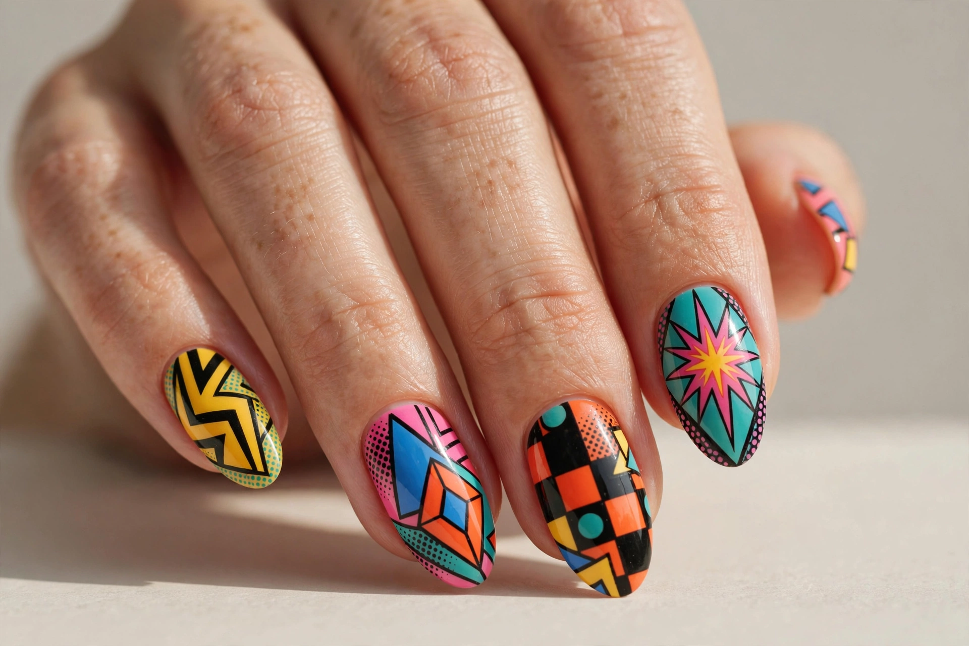 Retro geometric pop art nail design with bold shapes