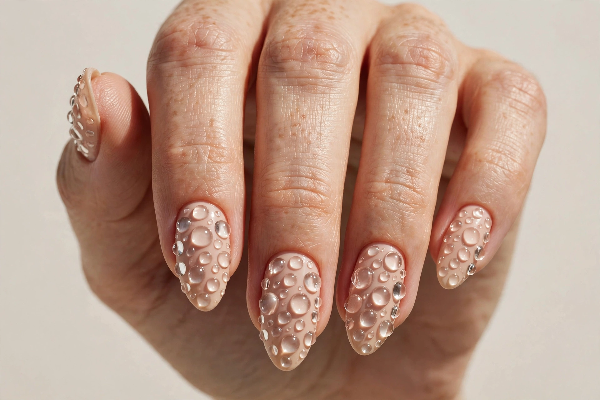 Textured 3D bubble dot nail art over nude base
