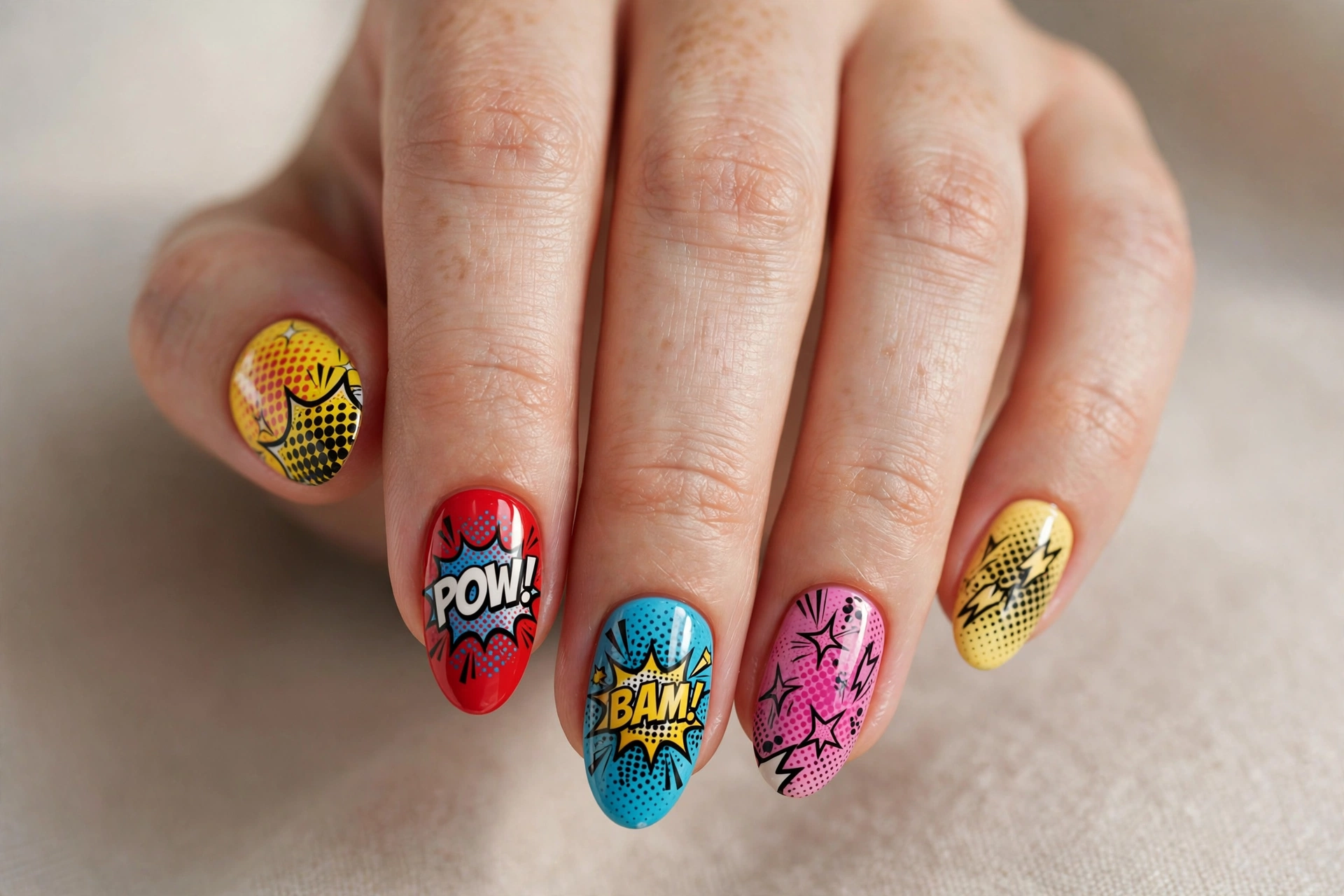 Comic book pop art nails with halftone dots and bold outlines