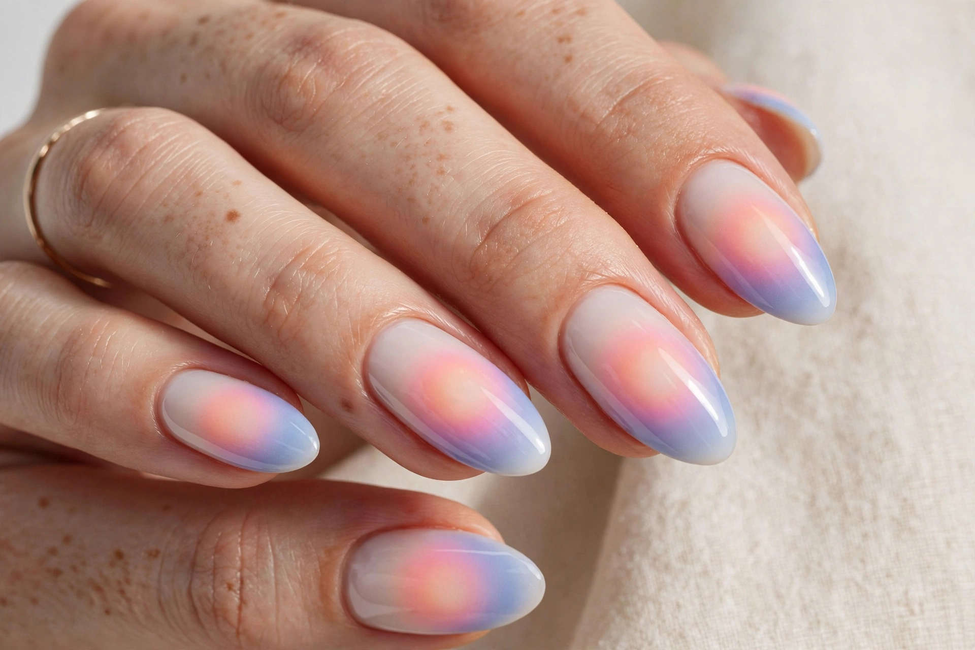 Aura gradient nail art with glowing color over milky base