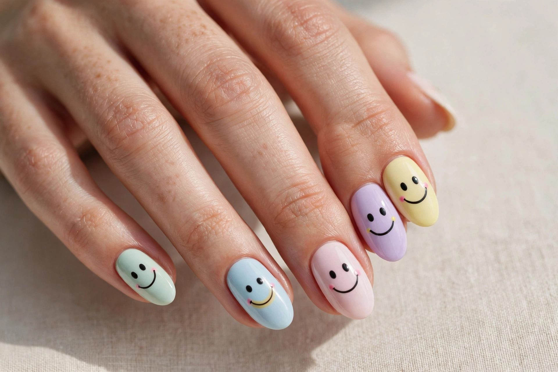 Playful smiley face nail art on pastel base