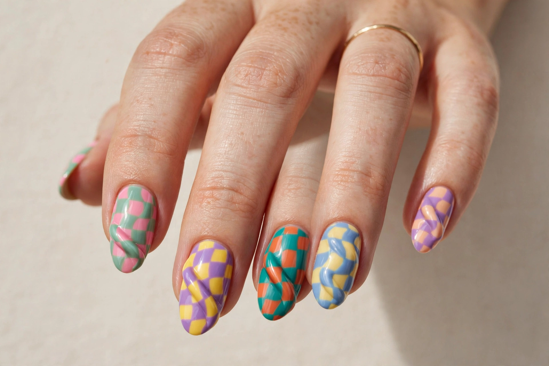 Colorful twisted checkerboard nail art