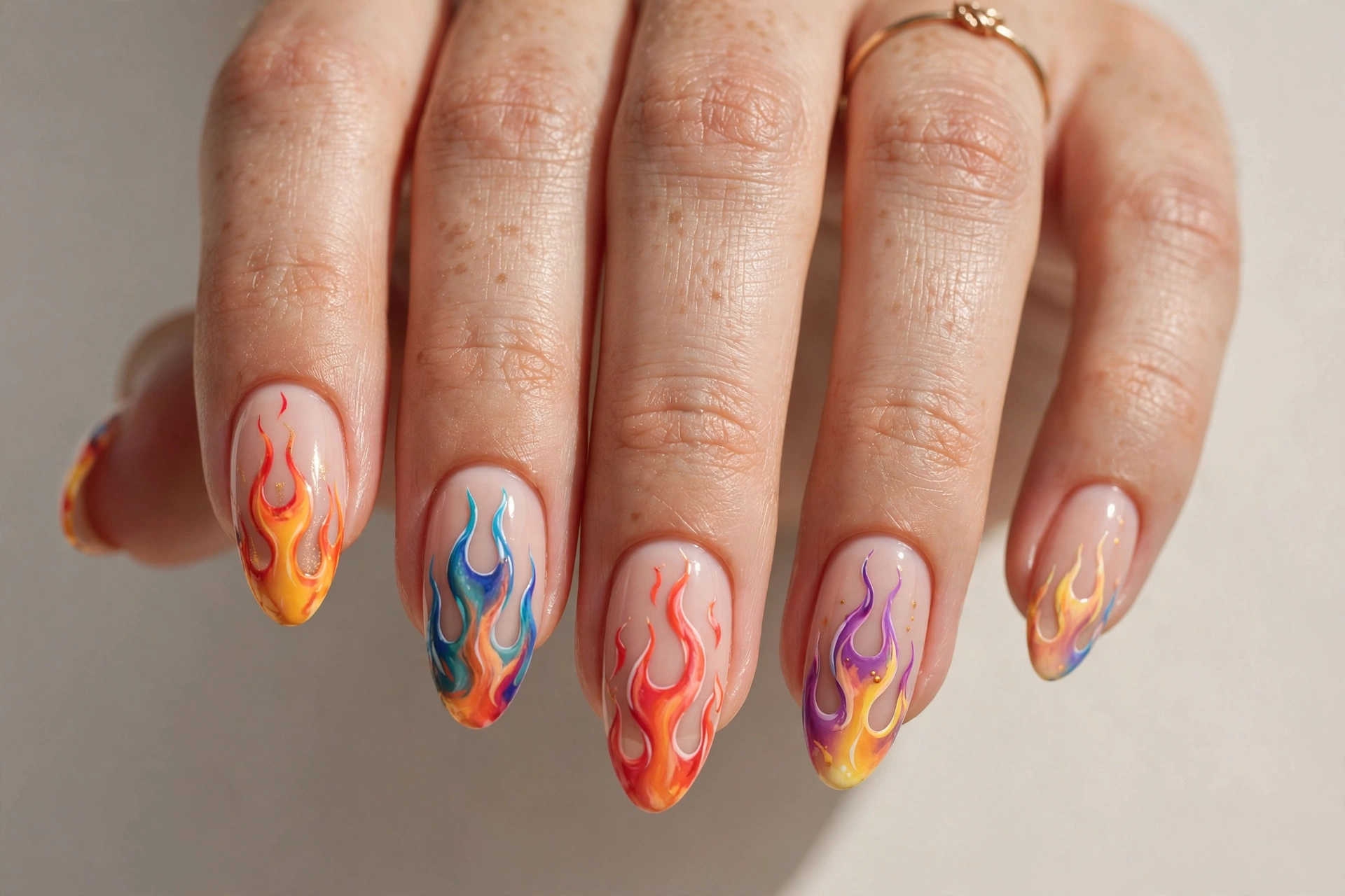 Colorful flame nail art over nude base