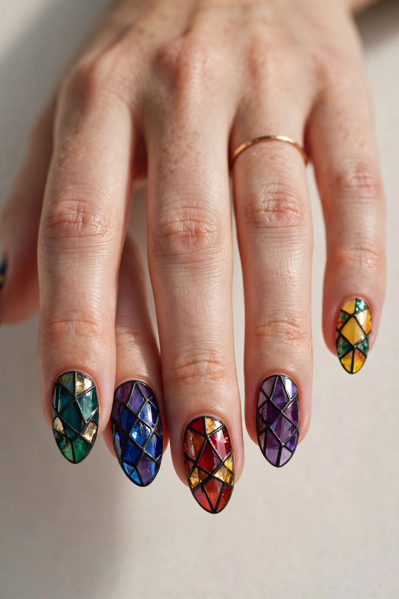 Stained glass mosaic nail art with jewel tones