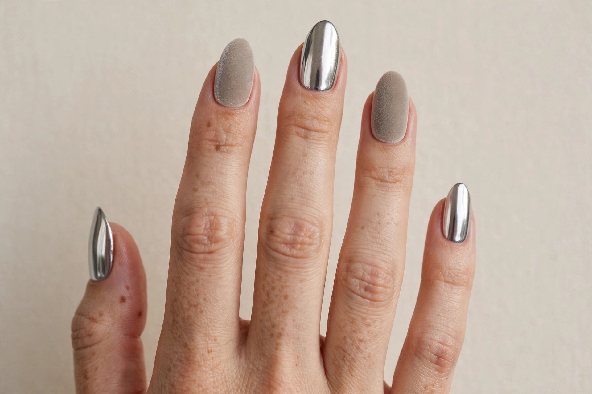 Mixed chrome and matte velvet nail art