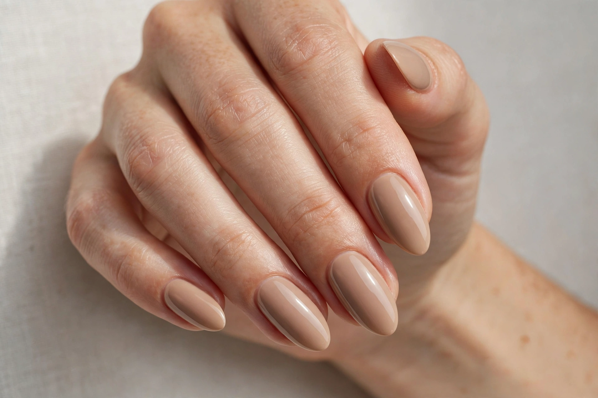 Classic nude almond manicure in warm beige with glossy finish