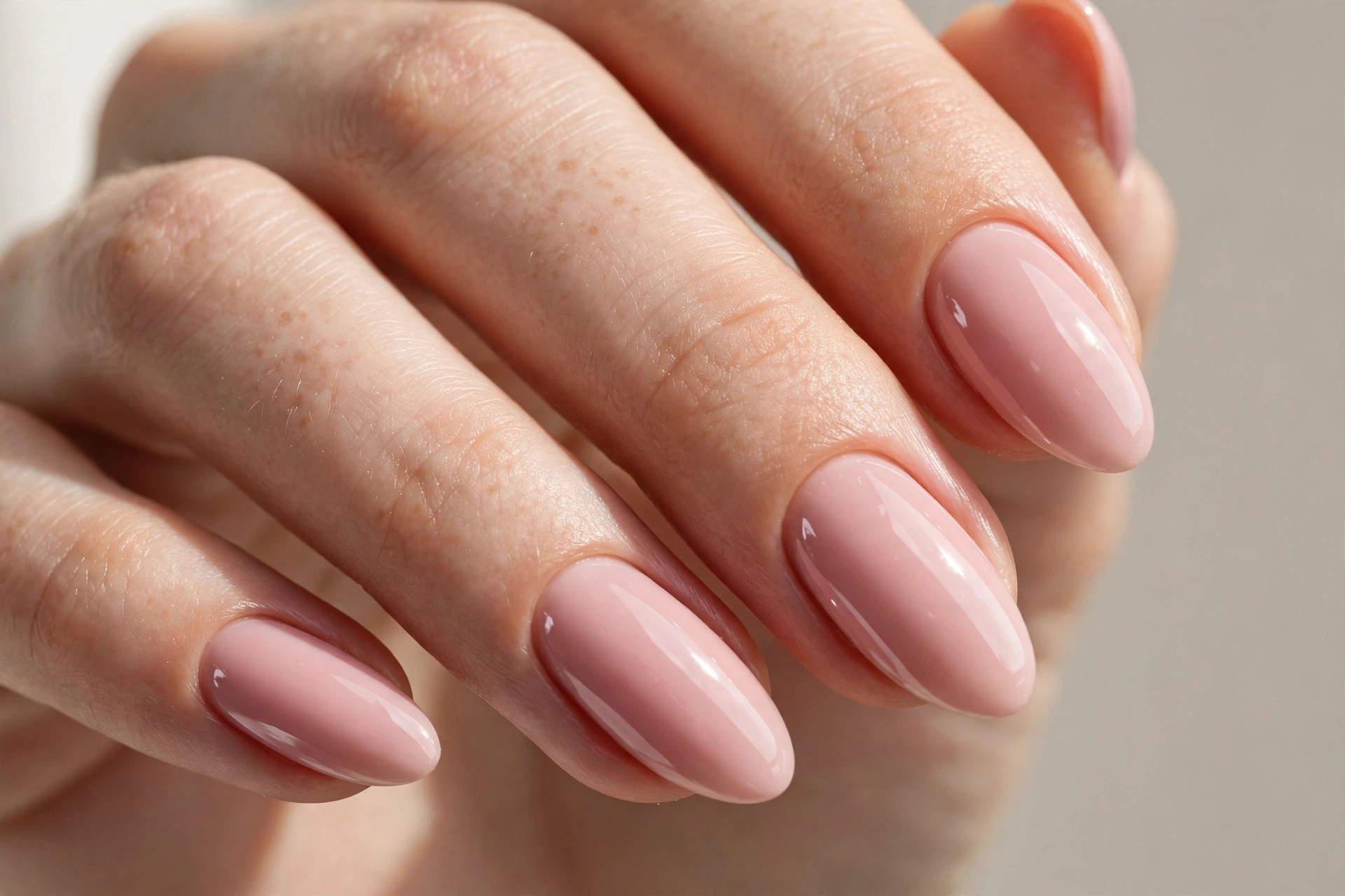 Soft blush pink almond manicure with glossy finish