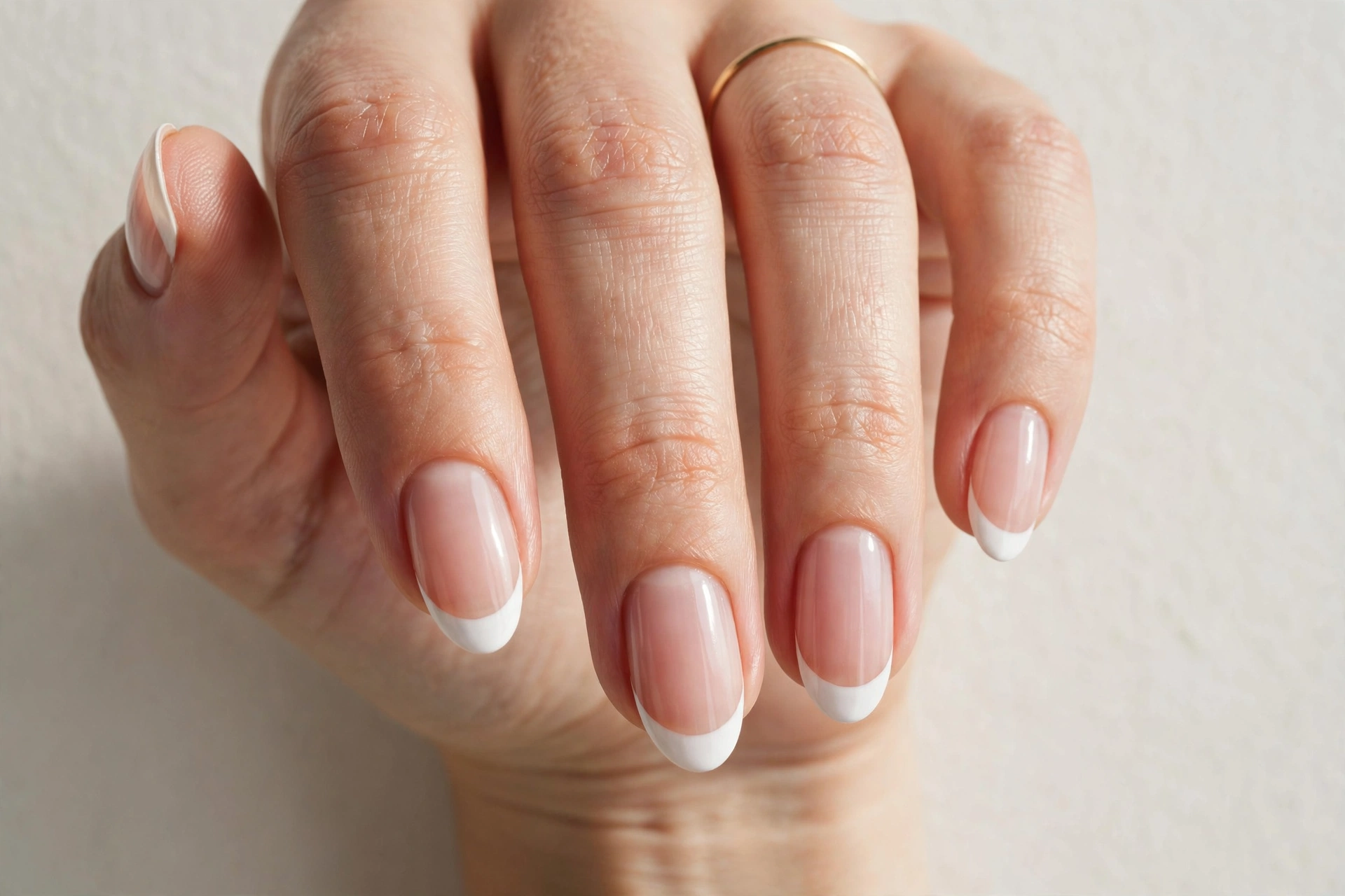 Classic French tip manicure with white tips on sheer pink almond nails