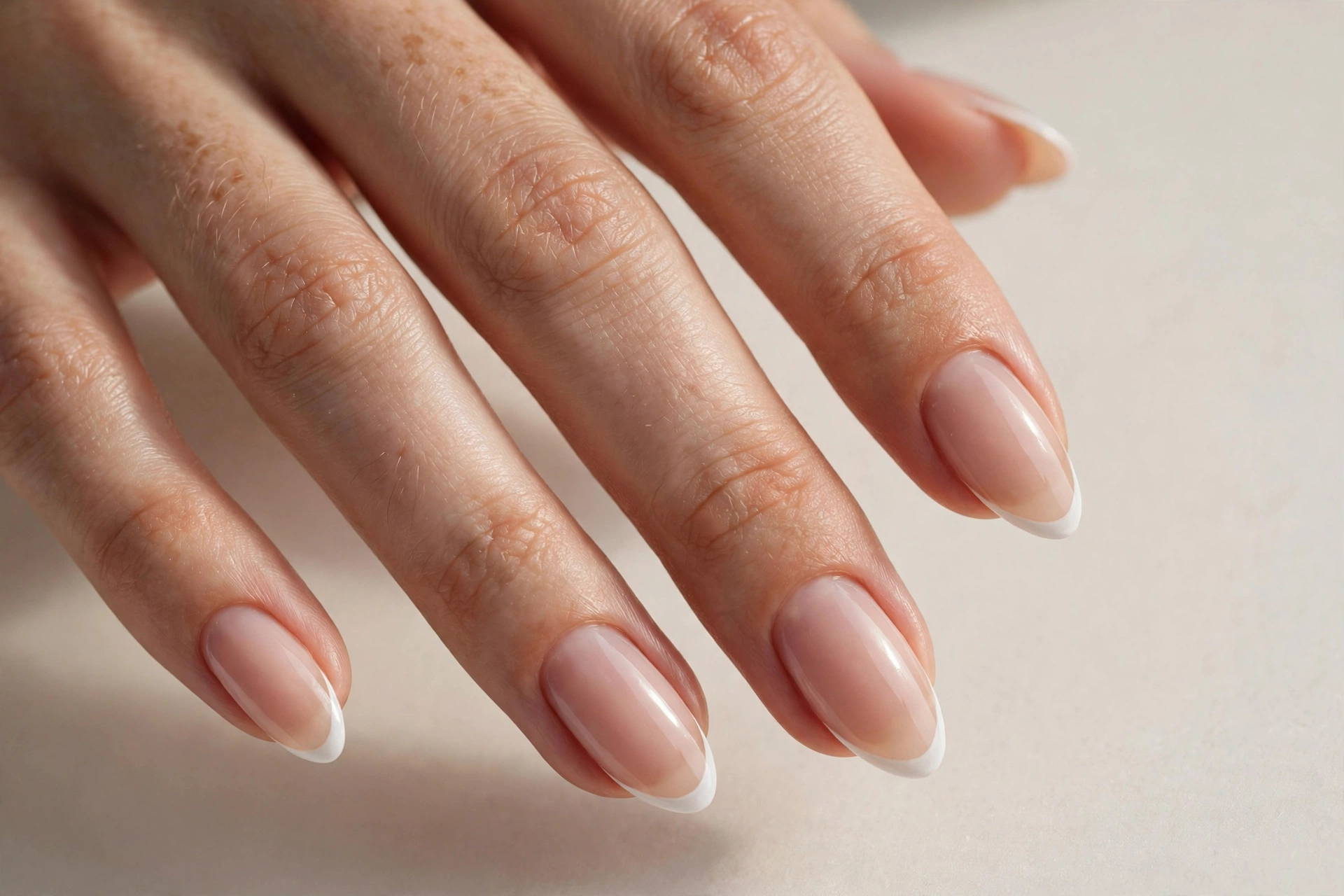 Micro French tip manicure with ultra-thin white tips on nude almond nails