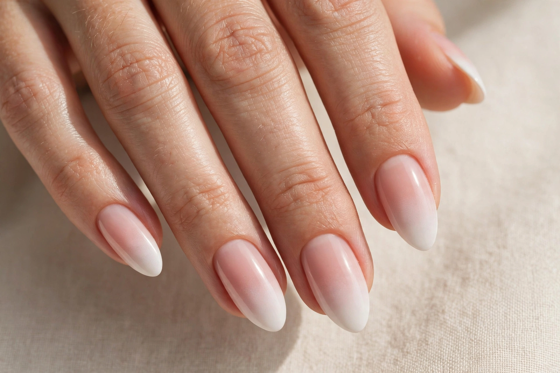 Baby boomer ombre almond nails blending white into blush pink