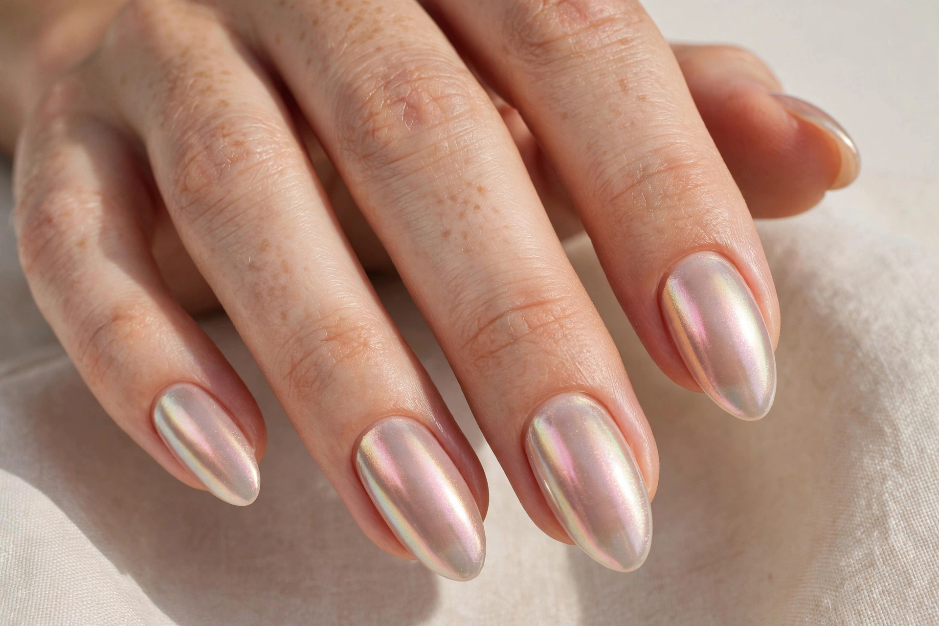 Glazed chrome almond nails with pearly iridescent shimmer over nude