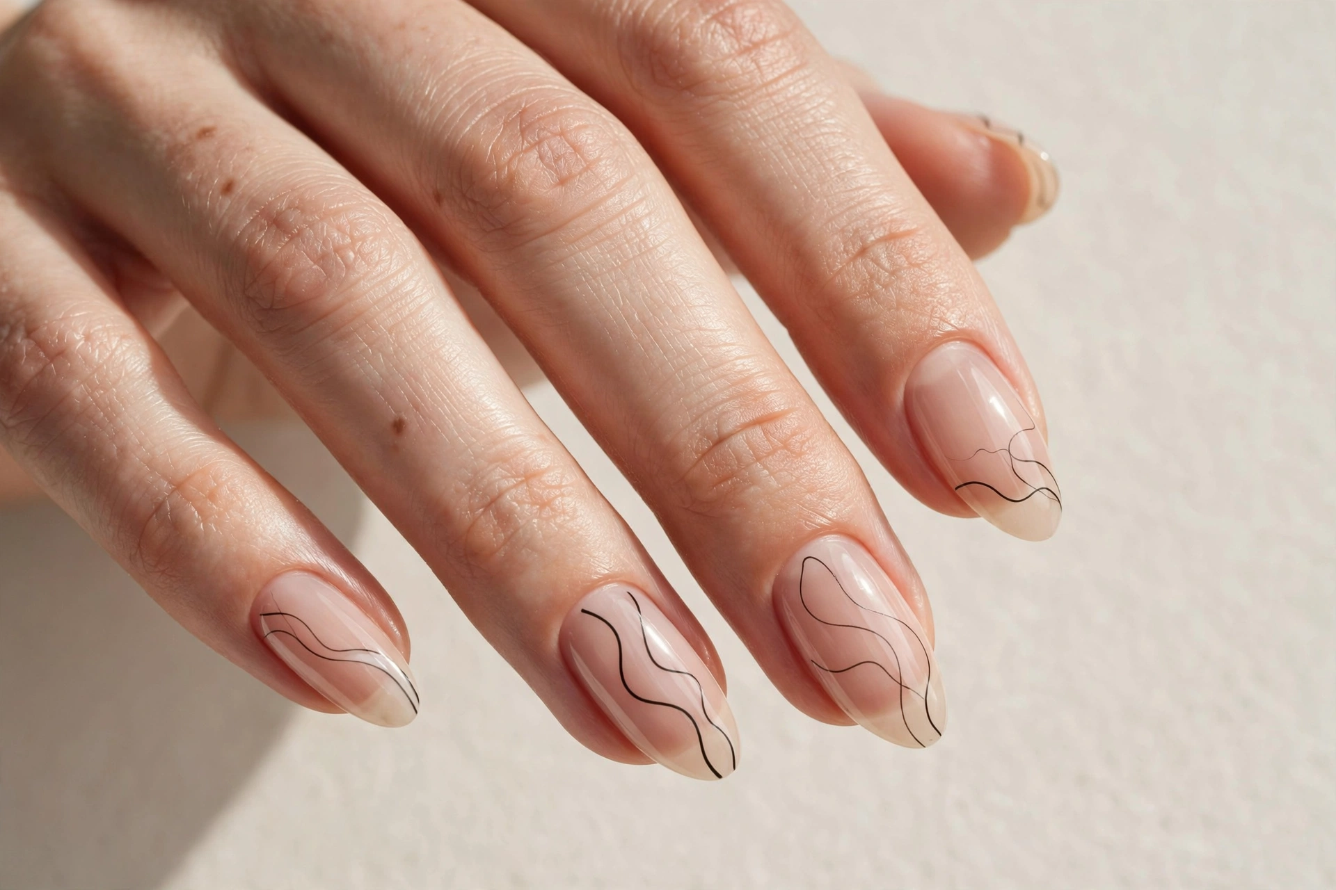 Minimalist black line art with thin abstract waves on sheer nude almond nails