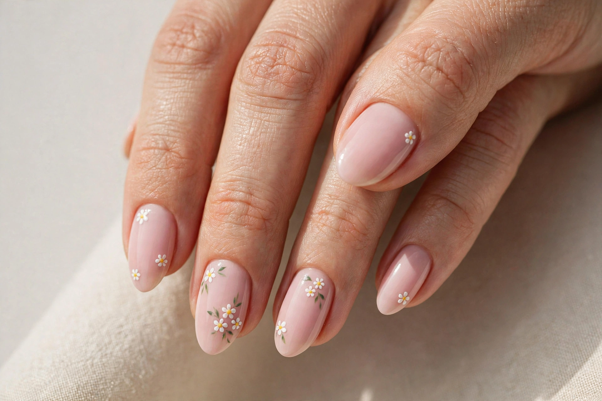 Tiny white daisy florals hand-painted on soft pink almond nails