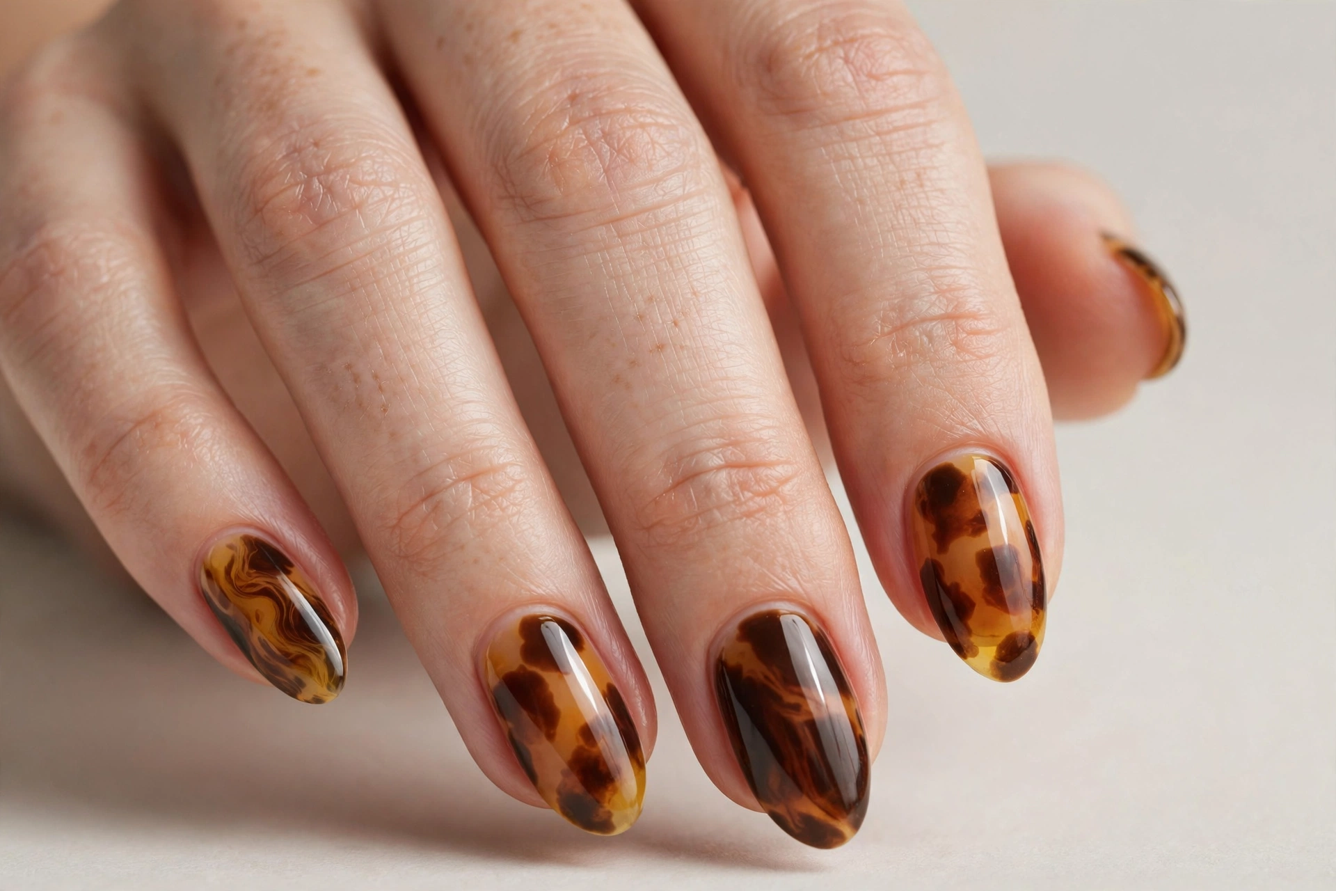 Tortoiseshell pattern almond nails in translucent amber and chocolate brown